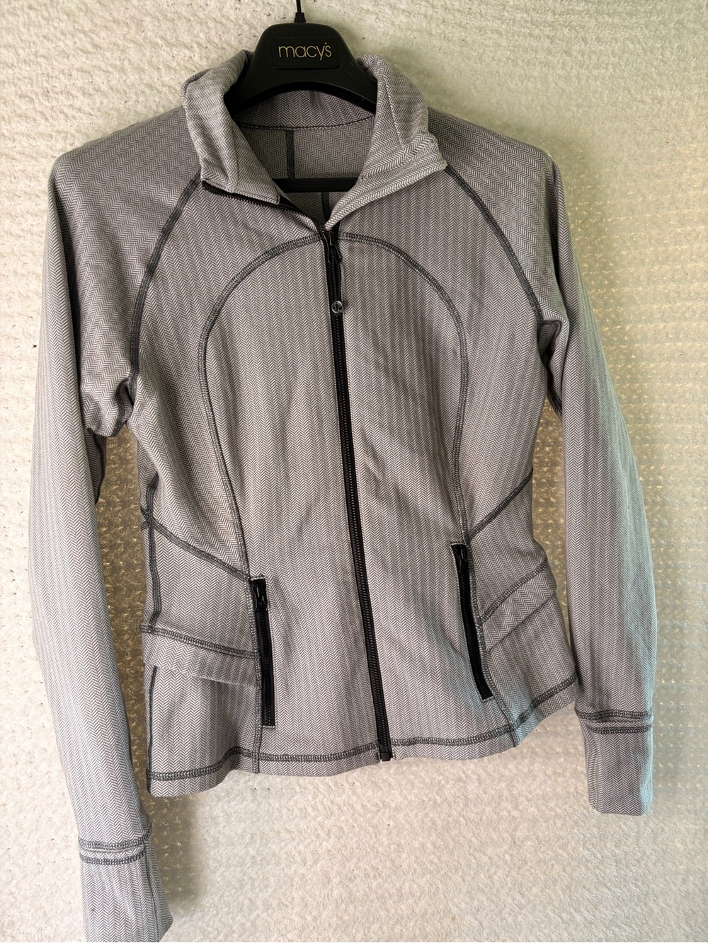 Lululemon Hustle in Your Bustle Jacket Gray White Herringbone Peplum Sz 8 NWOT